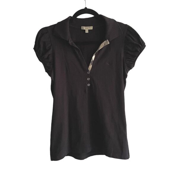 BURBERRY LONDON Black Pique Casual Short Sleeve Polo Shirt Collar Nova Check S - Picture 1 of 4